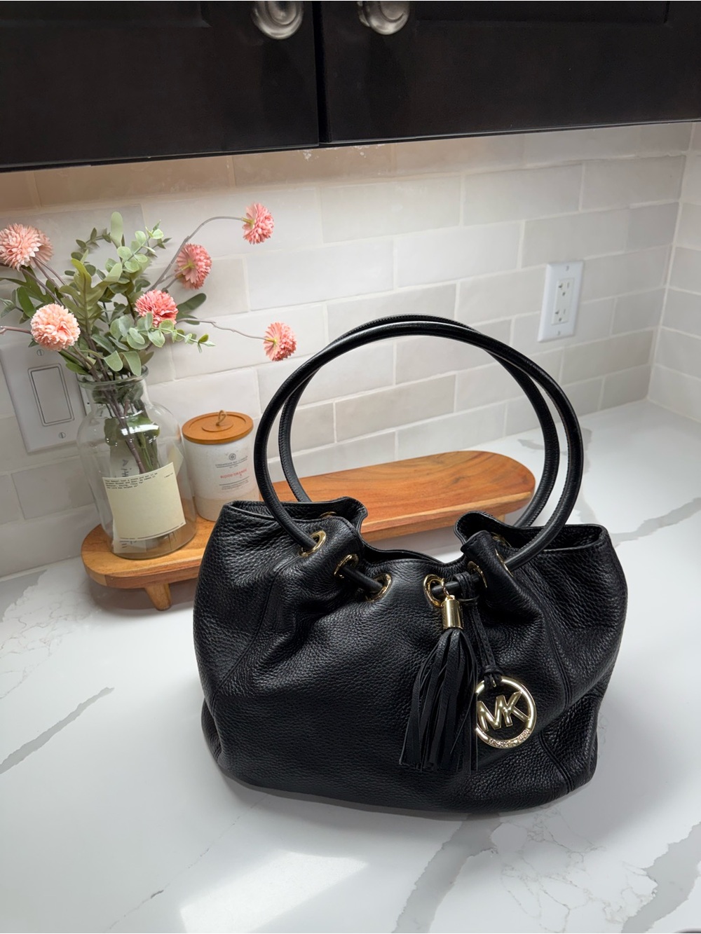 Michael Kors Black Pebbled Leather Ring Astor Tote Hobo Bag with Gold Hardware
